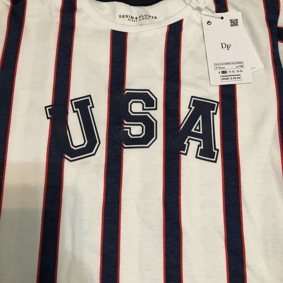 denim & flower ricky singh yourh boys striped USA crew neck boys Tee size 9/10 - Picture 2 of 9